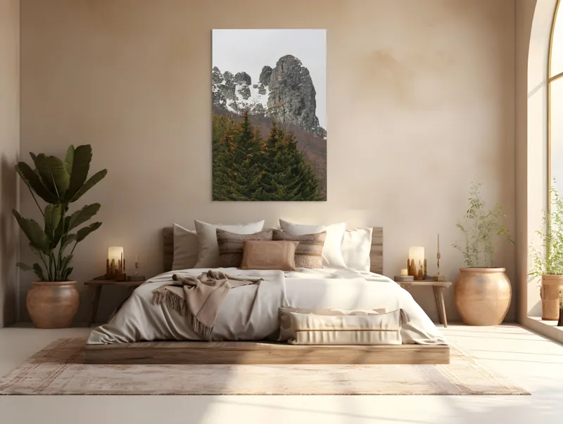Tablou Canvas, "Tăcute stânci sub cerul înghețat", Montan, Stâncă, Zăpadă, Pădure, Cer, Vegetație, Natură, Răcoros, Abrupt, Peisaj., 100 x 150 cm – poza 3