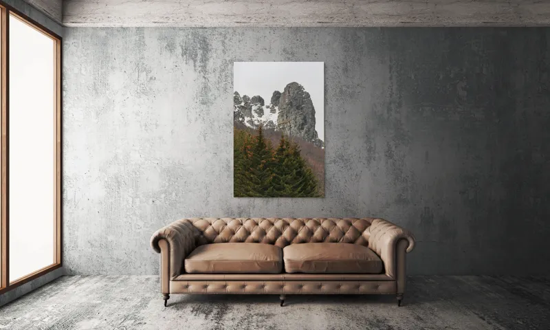 Tablou Canvas, "Tăcute stânci sub cerul înghețat", Montan, Stâncă, Zăpadă, Pădure, Cer, Vegetație, Natură, Răcoros, Abrupt, Peisaj., 100 x 150 cm – poza 6