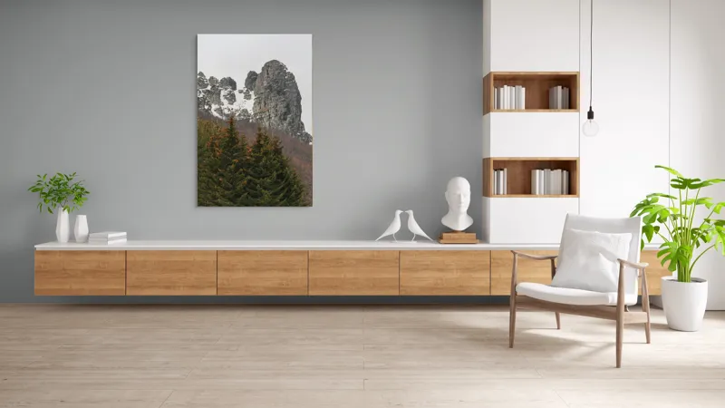 Tablou Canvas, "Tăcute stânci sub cerul înghețat", Montan, Stâncă, Zăpadă, Pădure, Cer, Vegetație, Natură, Răcoros, Abrupt, Peisaj., 100 x 150 cm – poza 8
