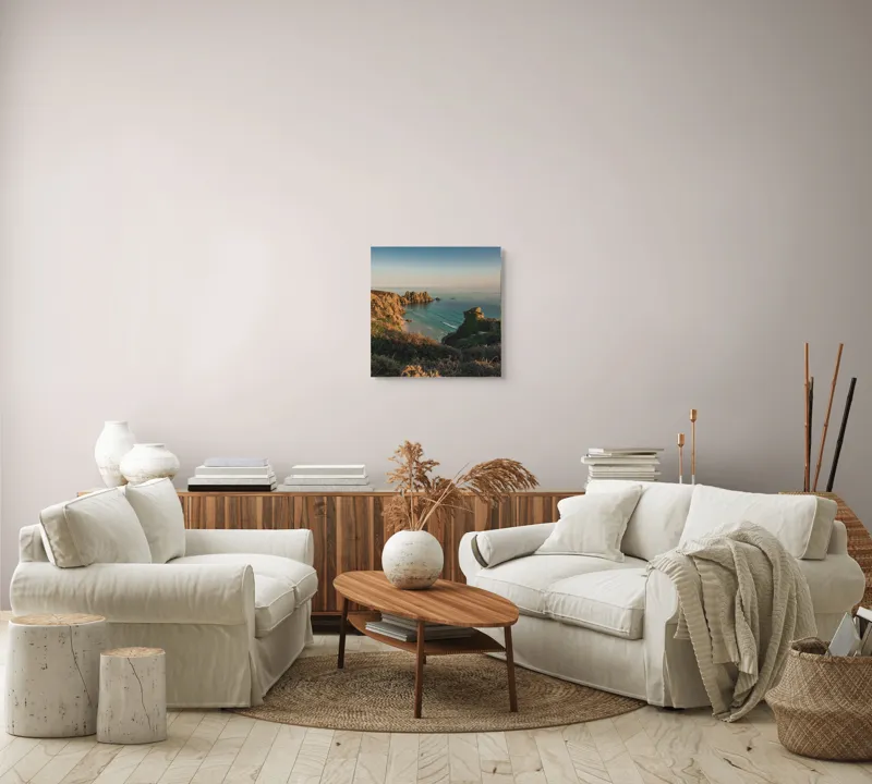 Tablou Canvas, "Apus de soare pe coasta de piatră", Ocean, Stânci, Plajă, Vegetație, Cer, Apus, Calm, Peisaj, Natură, Orizont, 50 x 50 cm – poza 7