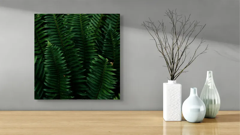 Tablou Canvas, "Frunzele verzi ale naturii ascunse", Frunze, Verde, Natură, Luxuriant, Linii, Textură, Frăgezime, Vegetație, Umbră, 50 x 50 cm – poza 3