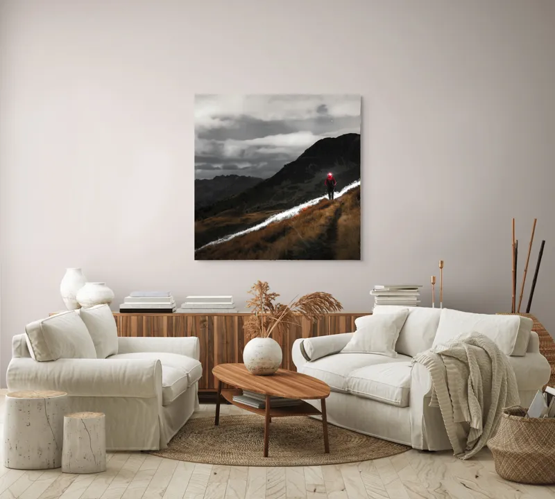 Tablou Canvas, "Pribegind sub cerul înstelat", Nor, Culoare, Drumeț, Lumină, Munte, Noapte, Peisaj, Umbre, 100 x 100 cm – poza 3