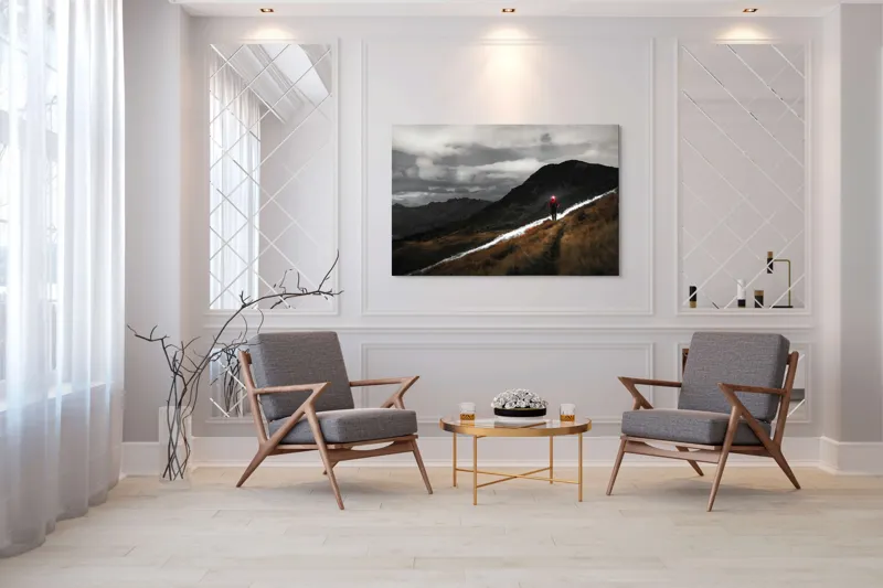 Tablou Canvas, "Pribegind sub cerul înstelat", Nor, Culoare, Drumeț, Lumină, Munte, Noapte, Peisaj, Umbre, 150 x 100 cm – poza 7