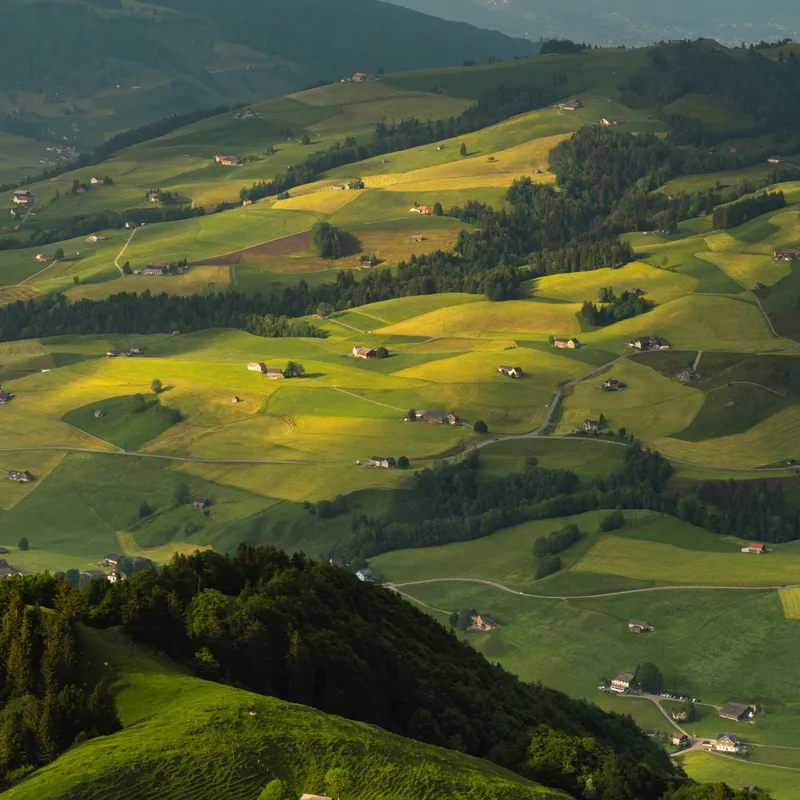 Tablou Canvas, "Panorama colinelor verzi sub soare", Peisaj, Coline, Căsuțe, Natura, Verdeață, Lumină, Serenitate, Dealuri, Pajiști, Rural., 100 x 100 cm – poza 2