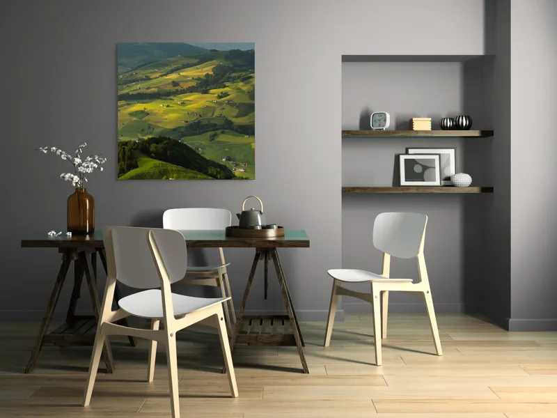 Tablou Canvas, "Panorama colinelor verzi sub soare", Peisaj, Coline, Căsuțe, Natura, Verdeață, Lumină, Serenitate, Dealuri, Pajiști, Rural., 100 x 100 cm – poza 6
