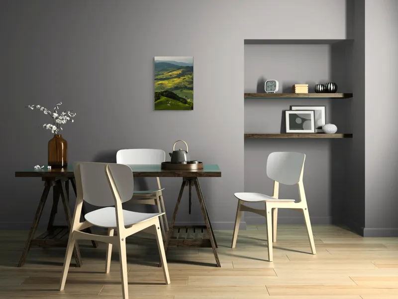 Tablou Canvas, "Panorama colinelor verzi sub soare", Peisaj, Coline, Căsuțe, Natura, Verdeață, Lumină, Serenitate, Dealuri, Pajiști, Rural., 39 x 54 cm – poza 7