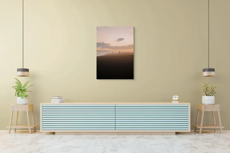 Tablou Canvas, "Apus liniștitor pe plajă pustie", Nor, Apus, Siluetă, Țărm, Ocean, Culoare, Valuri, Lumină, Umbre, Peisaj, 70 x 100 cm – poza 5