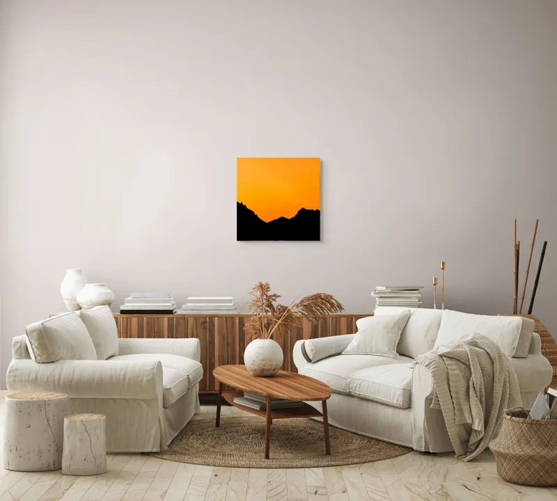 Tablou Canvas, "Vârfuri muntoase în amurg auriu", Apus, Siluetă, Munte, Cer, Portocaliu, Liniște, Orizont, Natură, 50 x 50 cm – poza 7
