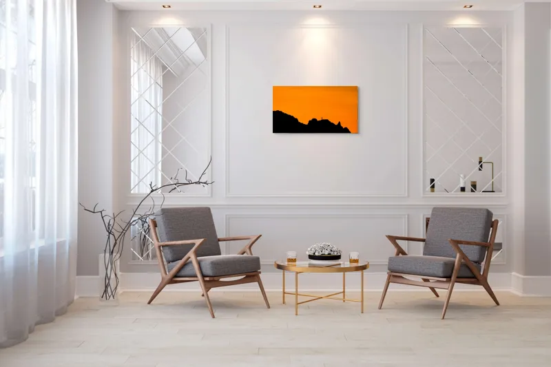 Tablou Canvas, "Singuratic pe culmea apusului umbros", Apus, Siluetă, Singurătate, Munte, Cer, Portocaliu, Calm, Umbre, Orizont, Aventură, 90 x 50 cm – poza 7