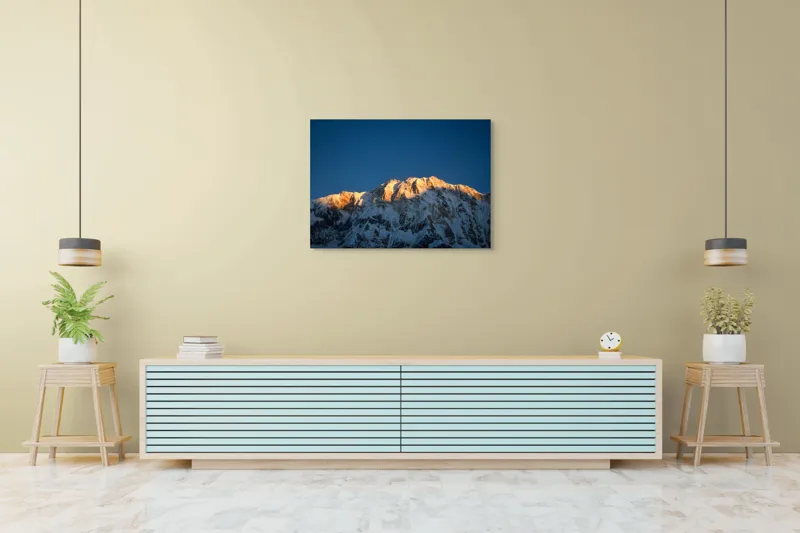 Tablou Canvas, "Lumina zorilor pe vârfuri înzăpezite", Munți, Zăpadă, Apus, Cer, Lumină, Umbre, Frig, Măreție, Calmitate, Frumusețe, 100 x 70 cm – poza 4