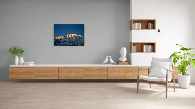 Tablou Canvas, "Lumina zorilor pe vârfuri înzăpezite", Munți, Zăpadă, Apus, Cer, Lumină, Umbre, Frig, Măreție, Calmitate, Frumusețe, 100 x 70 cm – poza 6
