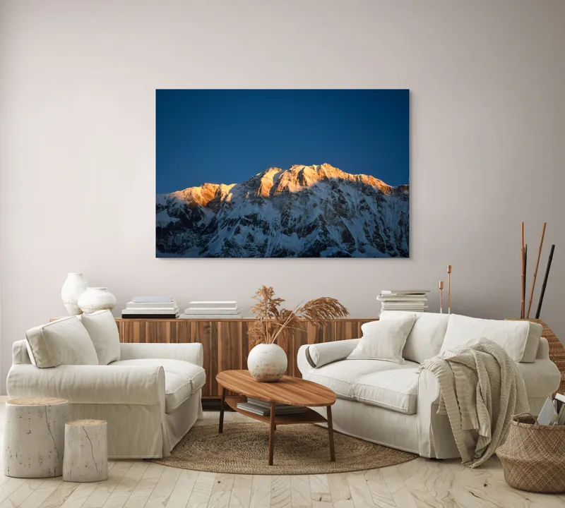 Tablou Canvas, "Lumina zorilor pe vârfuri înzăpezite", Munți, Zăpadă, Apus, Cer, Lumină, Umbre, Frig, Măreție, Calmitate, Frumusețe, 150 x 100 cm – poza 3