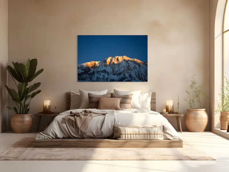 Tablou Canvas, "Lumina zorilor pe vârfuri înzăpezite", Munți, Zăpadă, Apus, Cer, Lumină, Umbre, Frig, Măreție, Calmitate, Frumusețe, 150 x 100 cm – poza 4