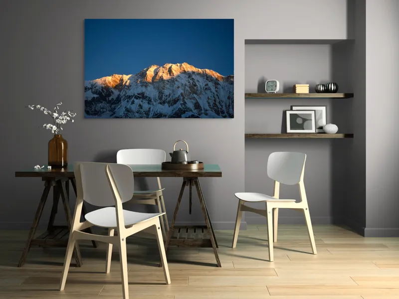 Tablou Canvas, "Lumina zorilor pe vârfuri înzăpezite", Munți, Zăpadă, Apus, Cer, Lumină, Umbre, Frig, Măreție, Calmitate, Frumusețe, 150 x 100 cm – poza 5