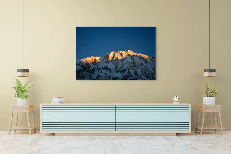 Tablou Canvas, "Lumina zorilor pe vârfuri înzăpezite", Munți, Zăpadă, Apus, Cer, Lumină, Umbre, Frig, Măreție, Calmitate, Frumusețe, 150 x 100 cm – poza 6