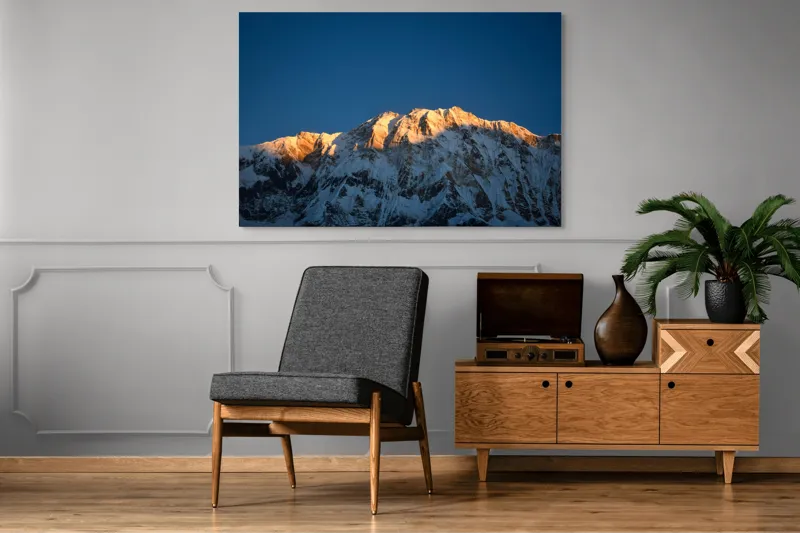 Tablou Canvas, "Lumina zorilor pe vârfuri înzăpezite", Munți, Zăpadă, Apus, Cer, Lumină, Umbre, Frig, Măreție, Calmitate, Frumusețe, 150 x 100 cm – poza 8