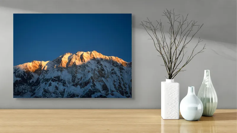 Tablou Canvas, "Lumina zorilor pe vârfuri înzăpezite", Munți, Zăpadă, Apus, Cer, Lumină, Umbre, Frig, Măreție, Calmitate, Frumusețe, 70 x 50 cm – poza 3