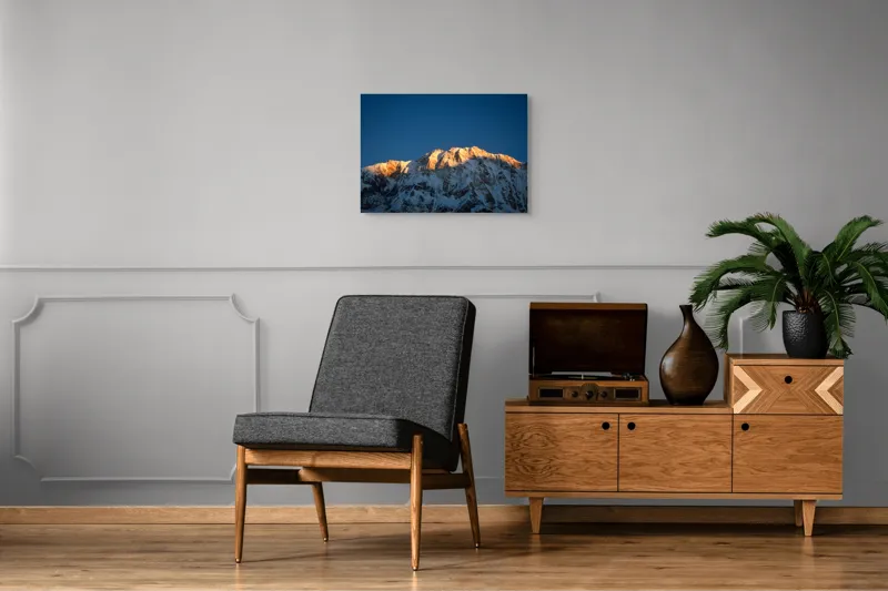 Tablou Canvas, "Lumina zorilor pe vârfuri înzăpezite", Munți, Zăpadă, Apus, Cer, Lumină, Umbre, Frig, Măreție, Calmitate, Frumusețe, 70 x 50 cm – poza 4