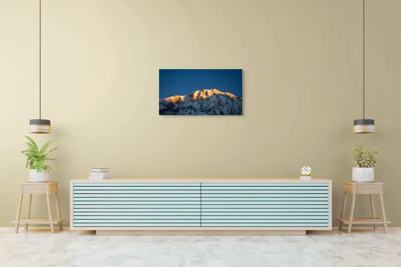 Tablou Canvas, "Lumina zorilor pe vârfuri înzăpezite", Munți, Zăpadă, Apus, Cer, Lumină, Umbre, Frig, Măreție, Calmitate, Frumusețe, 90 x 50 cm – poza 5