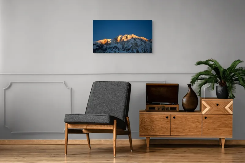 Tablou Canvas, "Lumina zorilor pe vârfuri înzăpezite", Munți, Zăpadă, Apus, Cer, Lumină, Umbre, Frig, Măreție, Calmitate, Frumusețe, 90 x 50 cm – poza 6