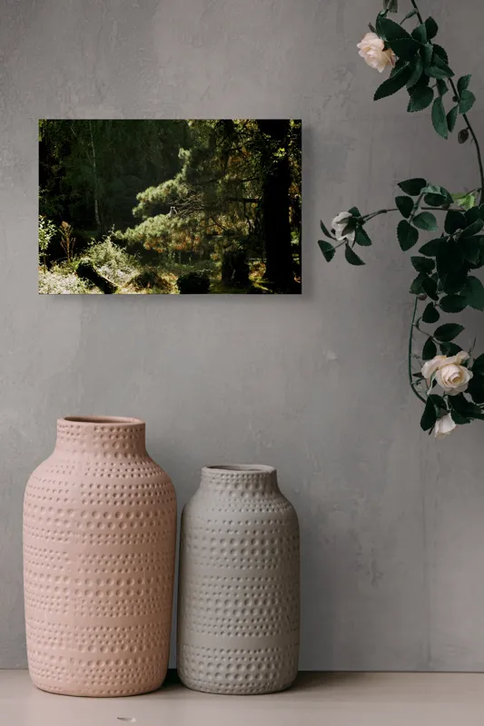 Tablou Canvas, "Ecou de lumină în pădurea tainică", Nu pot spune cine este în imagine, dar pot oferi o descriere a scenei: Pădure, Copac, Lumină, Umbre, Vegetație, Natură, Ramuri, Verde., 39 x 26 cm – poza 4