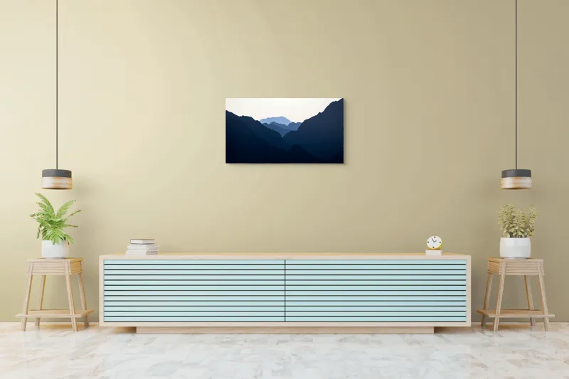 Tablou Canvas, "Umbre albastre între munți semeți", Munți, Siluete, Albastru, Orizont, Lumină, Răsărit, Calm, Mister, Natură, Vârfuri, 90 x 50 cm – poza 5