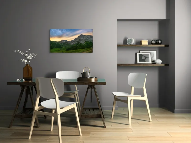 Tablou Canvas, "Splendoarea cerului peste munți alpini", Munți, Stele, Cer, Peisaj, Verdeață, Apus, Pădure, Stânci, Norii, Dealuri, 90 x 50 cm – poza 3