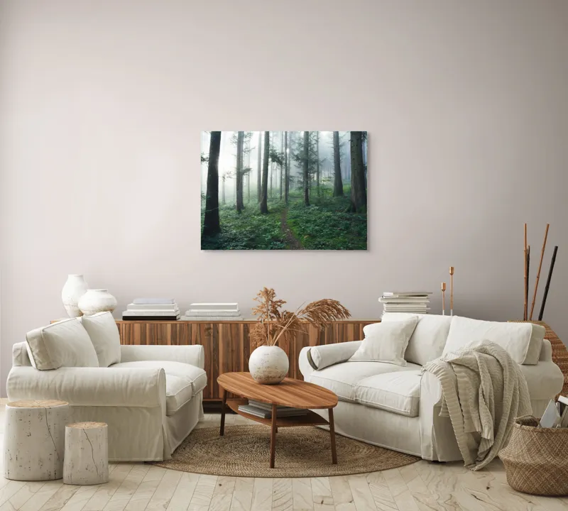 Tablou Canvas, "Cărare prin pădurea învăluită în ceață", Mister, Lumină, Verdeață, Cărare, Arbori, Pădure, Frunziș, Seninătate, Abur, Ploios, 100 x 70 cm – poza 3