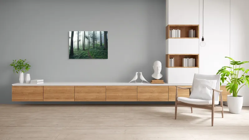Tablou Canvas, "Cărare prin pădurea învăluită în ceață", Mister, Lumină, Verdeață, Cărare, Arbori, Pădure, Frunziș, Seninătate, Abur, Ploios, 100 x 70 cm – poza 6