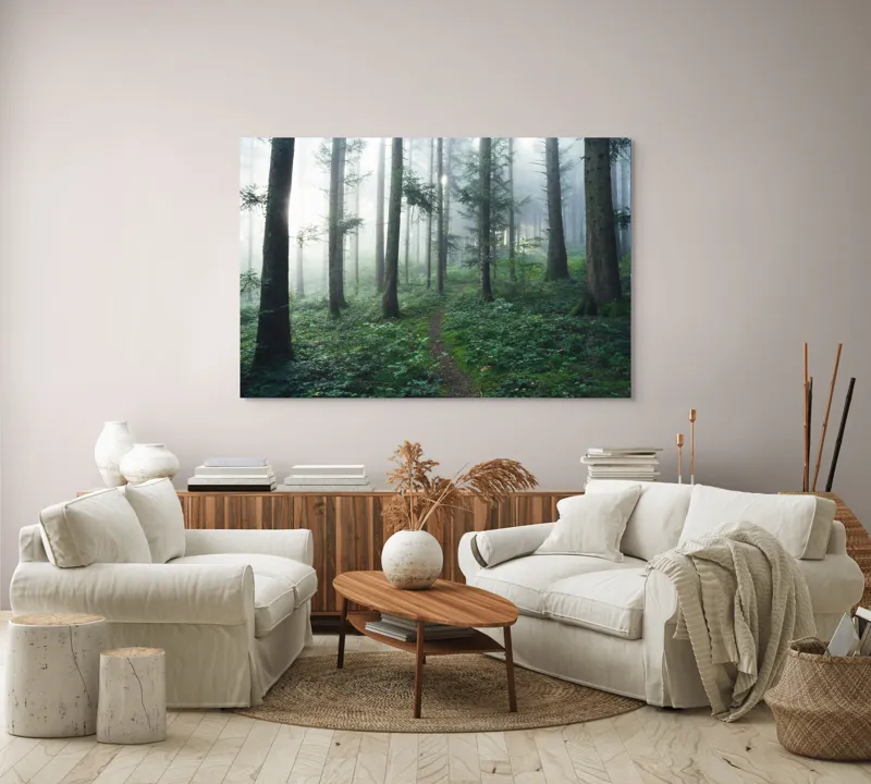 Tablou Canvas, "Cărare prin pădurea învăluită în ceață", Mister, Lumină, Verdeață, Cărare, Arbori, Pădure, Frunziș, Seninătate, Abur, Ploios, 150 x 100 cm – poza 3