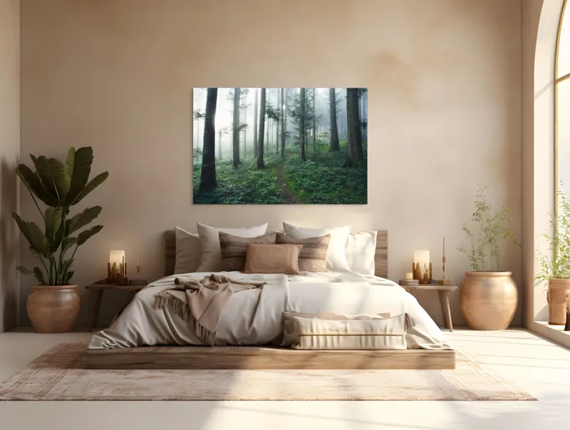 Tablou Canvas, "Cărare prin pădurea învăluită în ceață", Mister, Lumină, Verdeață, Cărare, Arbori, Pădure, Frunziș, Seninătate, Abur, Ploios, 150 x 100 cm – poza 4