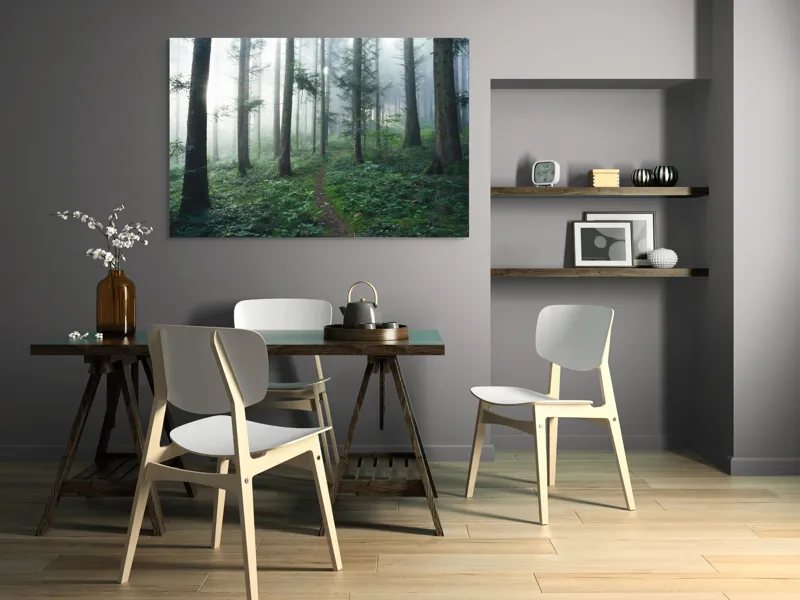 Tablou Canvas, "Cărare prin pădurea învăluită în ceață", Mister, Lumină, Verdeață, Cărare, Arbori, Pădure, Frunziș, Seninătate, Abur, Ploios, 150 x 100 cm – poza 5