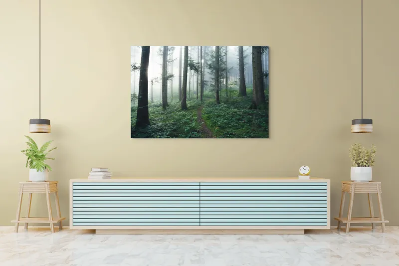 Tablou Canvas, "Cărare prin pădurea învăluită în ceață", Mister, Lumină, Verdeață, Cărare, Arbori, Pădure, Frunziș, Seninătate, Abur, Ploios, 150 x 100 cm – poza 6