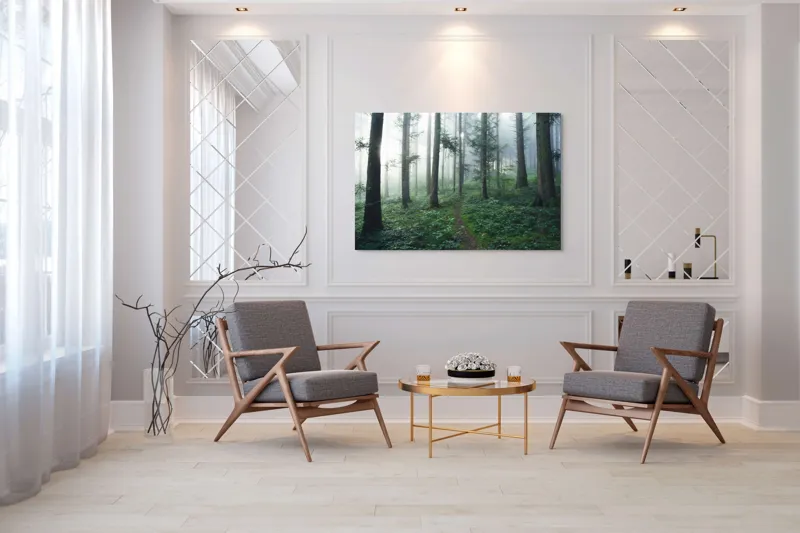 Tablou Canvas, "Cărare prin pădurea învăluită în ceață", Mister, Lumină, Verdeață, Cărare, Arbori, Pădure, Frunziș, Seninătate, Abur, Ploios, 150 x 100 cm – poza 7