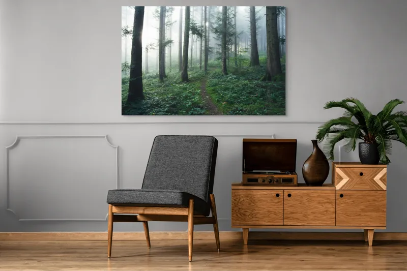 Tablou Canvas, "Cărare prin pădurea învăluită în ceață", Mister, Lumină, Verdeață, Cărare, Arbori, Pădure, Frunziș, Seninătate, Abur, Ploios, 150 x 100 cm – poza 8