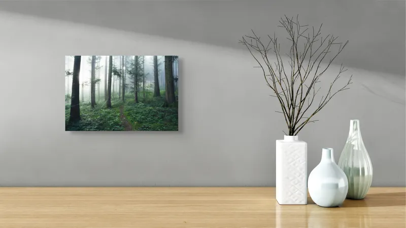 Tablou Canvas, "Cărare prin pădurea învăluită în ceață", Mister, Lumină, Verdeață, Cărare, Arbori, Pădure, Frunziș, Seninătate, Abur, Ploios, 39 x 26 cm – poza 8