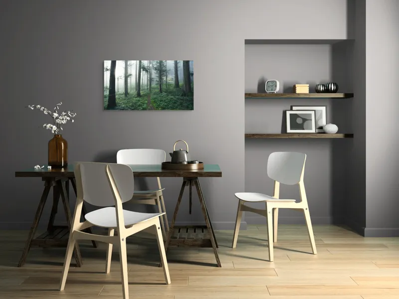 Tablou Canvas, "Cărare prin pădurea învăluită în ceață", Mister, Lumină, Verdeață, Cărare, Arbori, Pădure, Frunziș, Seninătate, Abur, Ploios, 90 x 50 cm – poza 3