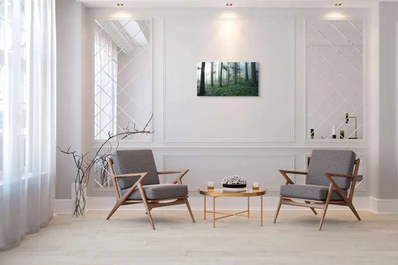 Tablou Canvas, "Cărare prin pădurea învăluită în ceață", Mister, Lumină, Verdeață, Cărare, Arbori, Pădure, Frunziș, Seninătate, Abur, Ploios, 90 x 50 cm – poza 7