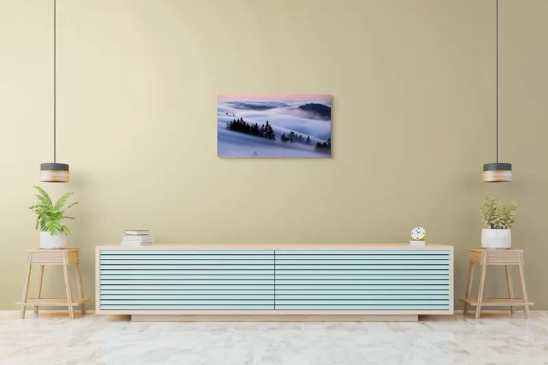 Tablou Canvas, "Claritatea dimineții printre nori", Nori, Pădure, Apus, Dealuri, Ceturi, Liniște, Văi, Cer, Natură, Frumusețe, 90 x 50 cm – poza 5