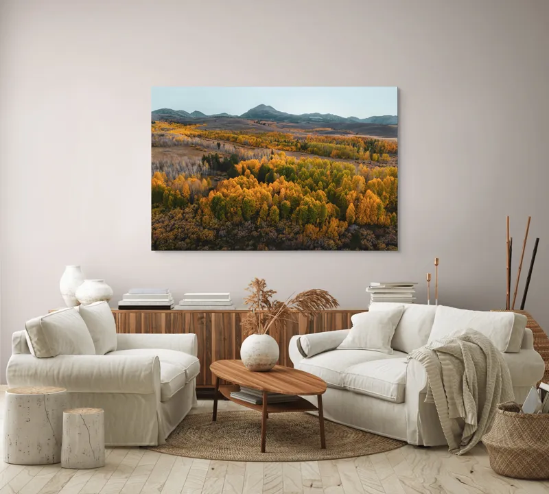 Tablou Canvas, "Pădurea toamnei sub cer senin", Apus, Toamnă, Pădure, Munte, Peisaj, Armonie, Culoare, Natură, Calm, Întindere, Vârfuri, Frunze, Aurii, Verde, Răcoare, Serenitate, Împăcare, Liniște, 150 x 100 cm – poza 3