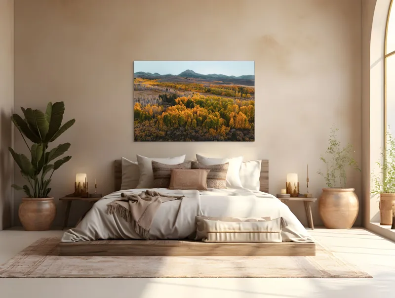 Tablou Canvas, "Pădurea toamnei sub cer senin", Apus, Toamnă, Pădure, Munte, Peisaj, Armonie, Culoare, Natură, Calm, Întindere, Vârfuri, Frunze, Aurii, Verde, Răcoare, Serenitate, Împăcare, Liniște, 150 x 100 cm – poza 4
