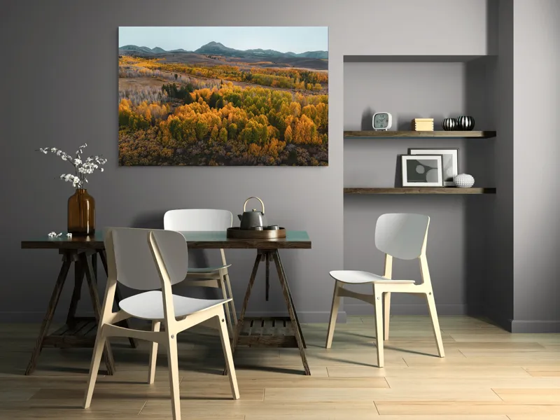 Tablou Canvas, "Pădurea toamnei sub cer senin", Apus, Toamnă, Pădure, Munte, Peisaj, Armonie, Culoare, Natură, Calm, Întindere, Vârfuri, Frunze, Aurii, Verde, Răcoare, Serenitate, Împăcare, Liniște, 150 x 100 cm – poza 5
