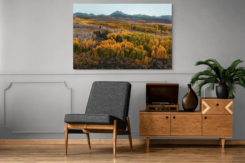 Tablou Canvas, "Pădurea toamnei sub cer senin", Apus, Toamnă, Pădure, Munte, Peisaj, Armonie, Culoare, Natură, Calm, Întindere, Vârfuri, Frunze, Aurii, Verde, Răcoare, Serenitate, Împăcare, Liniște, 150 x 100 cm – poza 8