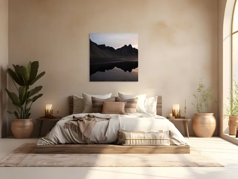 Tablou Canvas, "Munții reflectați în liniștea apei", Munți, Reflecție, Apus, Liniște, Peisaj, Natură, Siluete, 100 x 100 cm – poza 4