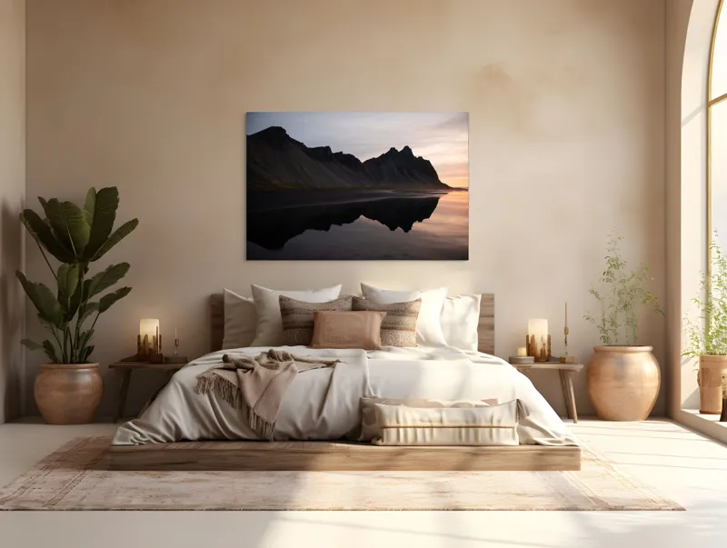 Tablou Canvas, "Munții reflectați în liniștea apei", Munți, Reflecție, Apus, Liniște, Peisaj, Natură, Siluete, 150 x 100 cm – poza 4