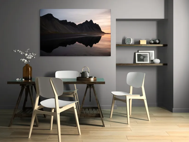 Tablou Canvas, "Munții reflectați în liniștea apei", Munți, Reflecție, Apus, Liniște, Peisaj, Natură, Siluete, 150 x 100 cm – poza 5