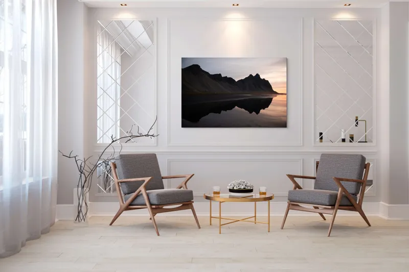 Tablou Canvas, "Munții reflectați în liniștea apei", Munți, Reflecție, Apus, Liniște, Peisaj, Natură, Siluete, 150 x 100 cm – poza 7