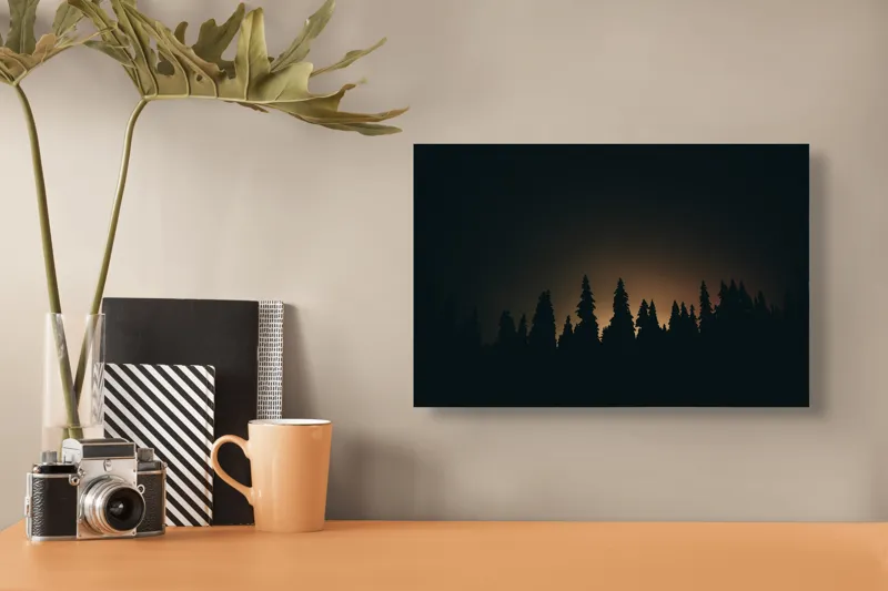 Tablou Canvas, "Pădurea în lumina înserării", Siluetă, Copaci, Apus, Întuneric, Natură, Calm, Orizont, 39 x 26 cm – poza 3