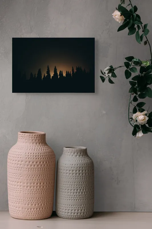 Tablou Canvas, "Pădurea în lumina înserării", Siluetă, Copaci, Apus, Întuneric, Natură, Calm, Orizont, 39 x 26 cm – poza 4
