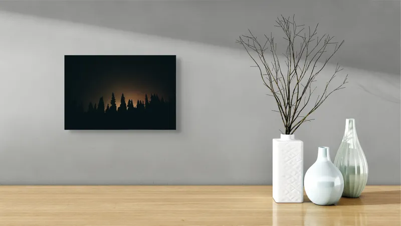 Tablou Canvas, "Pădurea în lumina înserării", Siluetă, Copaci, Apus, Întuneric, Natură, Calm, Orizont, 39 x 26 cm – poza 8